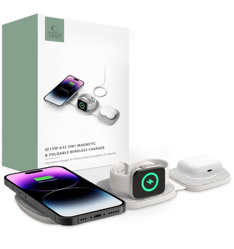 TECH-PROTECT QI15W-A32 3IN1 MAGNETIC MAGSAFE WIRELESS CHARGER GREY  TECH-PROTECT QI15W-A32 3IN1 MAGNETIC MAGSAFE WIRELESS CHARGER GREY