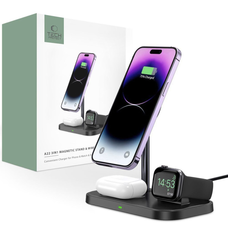 TECH-PROTECT QI15W-A22 3IN1 MAGNETIC MAGSAFE WIRELESS CHARGER BLACK  TECH-PROTECT QI15W-A22 3IN1 MAGNETIC MAGSAFE WIRELESS CHARGER BLACK