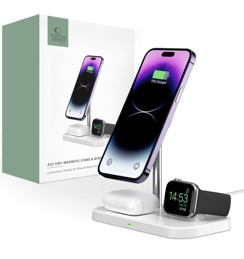 TECH-PROTECT QI15W-A22 3IN1 MAGNETIC MAGSAFE WIRELESS CHARGER WHITE  TECH-PROTECT QI15W-A22 3IN1 MAGNETIC MAGSAFE WIRELESS CHARGER WHITE