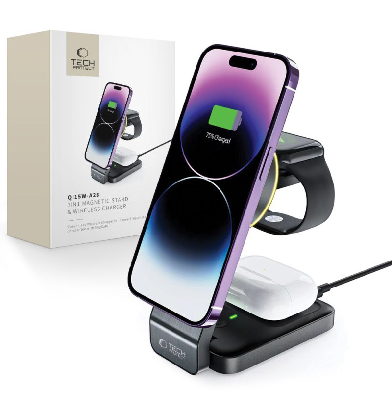 TECH-PROTECT QI15W-A28 3IN1 MAGNETIC MAGSAFE WIRELESS CHARGER BLACK  TECH-PROTECT QI15W-A28 3IN1 MAGNETIC MAGSAFE WIRELESS CHARGER BLACK