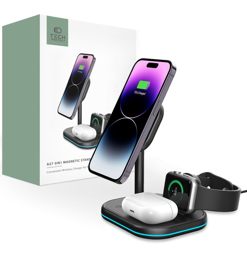 TECH-PROTECT QI15W-A27 3IN1 MAGNETIC MAGSAFE WIRELESS CHARGER BLACK  TECH-PROTECT QI15W-A27 3IN1 MAGNETIC MAGSAFE WIRELESS CHARGER BLACK