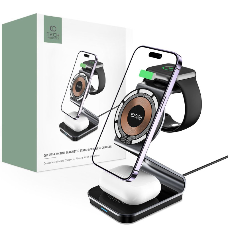 TECH-PROTECT QI15W-A29 3IN1 MAGNETIC MAGSAFE WIRELESS CHARGER BLACK  TECH-PROTECT QI15W-A29 3IN1 MAGNETIC MAGSAFE WIRELESS CHARGER BLACK