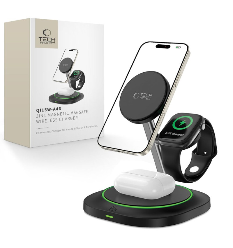 TECH-PROTECT QI15W-A46 3IN1 MAGNETIC MAGSAFE WIRELESS CHARGER BLACK  TECH-PROTECT QI15W-A46 3IN1 MAGNETIC MAGSAFE WIRELESS CHARGER BLACK