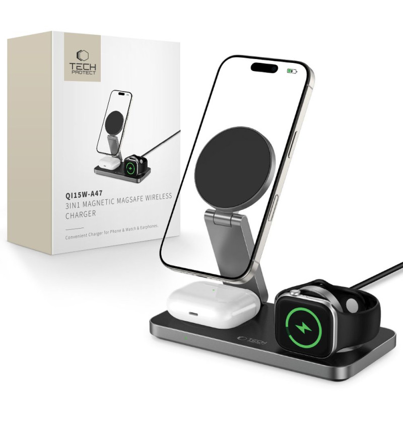 TECH-PROTECT QI15W-A47 3IN1 MAGNETIC MAGSAFE WIRELESS CHARGER BLACK  TECH-PROTECT QI15W-A47 3IN1 MAGNETIC MAGSAFE WIRELESS CHARGER BLACK