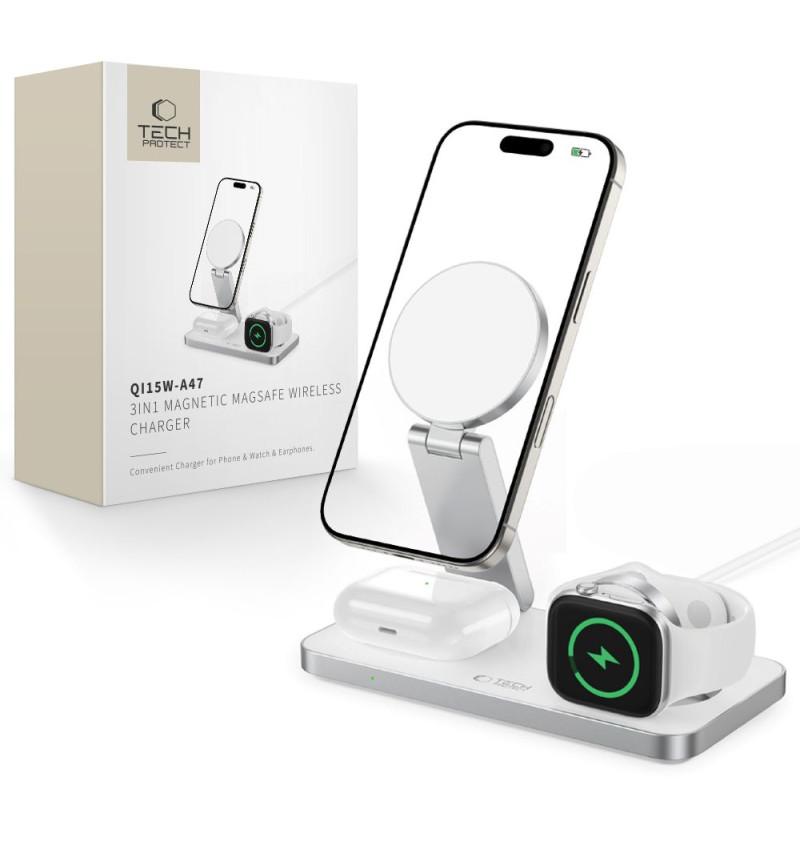 TECH-PROTECT QI15W-A47 3IN1 MAGNETIC MAGSAFE WIRELESS CHARGER WHITE  TECH-PROTECT QI15W-A47 3IN1 MAGNETIC MAGSAFE WIRELESS CHARGER WHITE