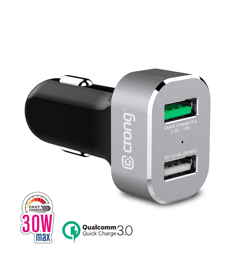 Crong Power Car Charger 30W - Ładowarka samochodowa USB QuickCharge 3.0 + USB 2.4A (aluminium)  Crong Power Car Charger 30W - Ładowarka samochodowa USB QuickCharge 3.0 + USB 2.4A (aluminium)