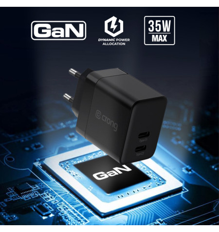 Crong Ultra Compact GaN - Ładowarka sieciowa 2x USB-C 35W PD 3.0 z PPS (czarny) 