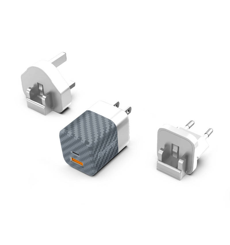 Energizer Ultimate - Ładowarka sieciowa podróżna Multiplug EU / UK / US GaN USB-C USB-A 38W PD + QC3.0 (Srebrny)  Energizer Ultimate - Ładowarka sieciowa podróżna Multiplug EU / UK / US GaN USB-C USB-A 38W PD + QC3.0 (Srebrny)