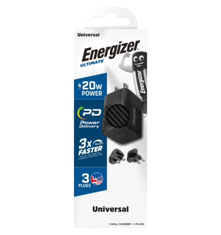 Energizer Ultimate - Ładowarka sieciowa podróżna Multiplug EU / UK / US GaN USB-C 20W PD (Czarny) 