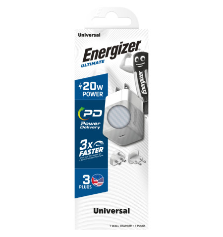 Energizer Ultimate - Ładowarka sieciowa podróżna Multiplug EU / UK / US GaN USB-C 20W PD (Srebrny) 