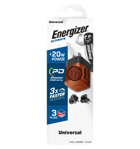 Energizer Ultimate - Ładowarka sieciowa podróżna Multiplug EU / UK / US GaN USB-C 20W PD (Walnut burl) 