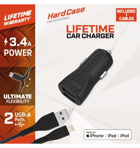 Energizer HardCase - Ładowarka samochodowa 2x USB-A 17W 3.4A + Kabel Lightning certyfikat MFi (Czarny) 