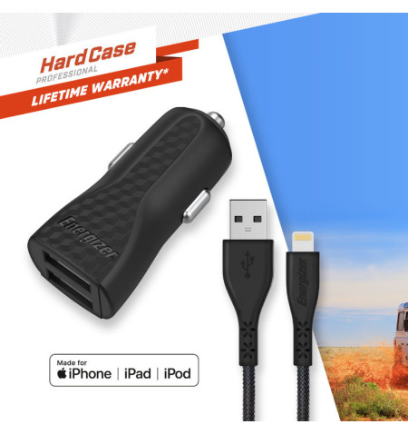 Energizer HardCase - Ładowarka samochodowa 2x USB-A 17W 3.4A + Kabel Lightning certyfikat MFi (Czarny) 