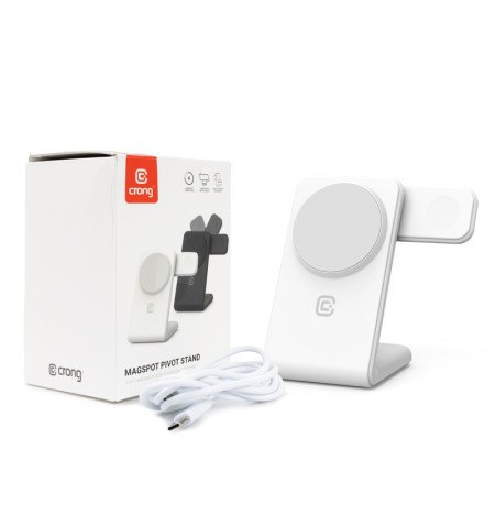 Crong MagSpot Pivot Stand - Ładowarka bezprzewodowa 3w1 z MagSafe do iPhone, Apple Watch i AirPods (biały) 
