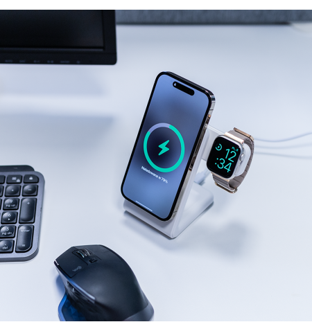 Crong MagSpot Pivot Stand - Ładowarka bezprzewodowa 3w1 z MagSafe do iPhone, Apple Watch i AirPods (biały) 