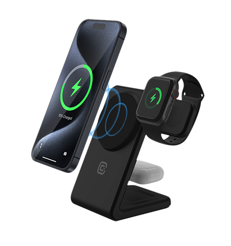 Crong MagSpot Pivot Stand - Ładowarka bezprzewodowa 3w1 z MagSafe do iPhone, Apple Watch i AirPods (czarny)  Crong MagSpot Pivot Stand - Ładowarka bezprzewodowa 3w1 z MagSafe do iPhone, Apple Watch i AirPods (czarny)
