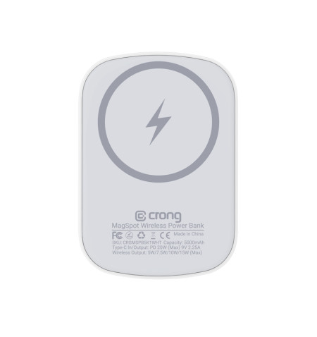 Crong MagSpot Power Bank - Bezprzewodowy power bank ultra slim z MagSafe 5000mAh, USB-C 20W PD (biały) 