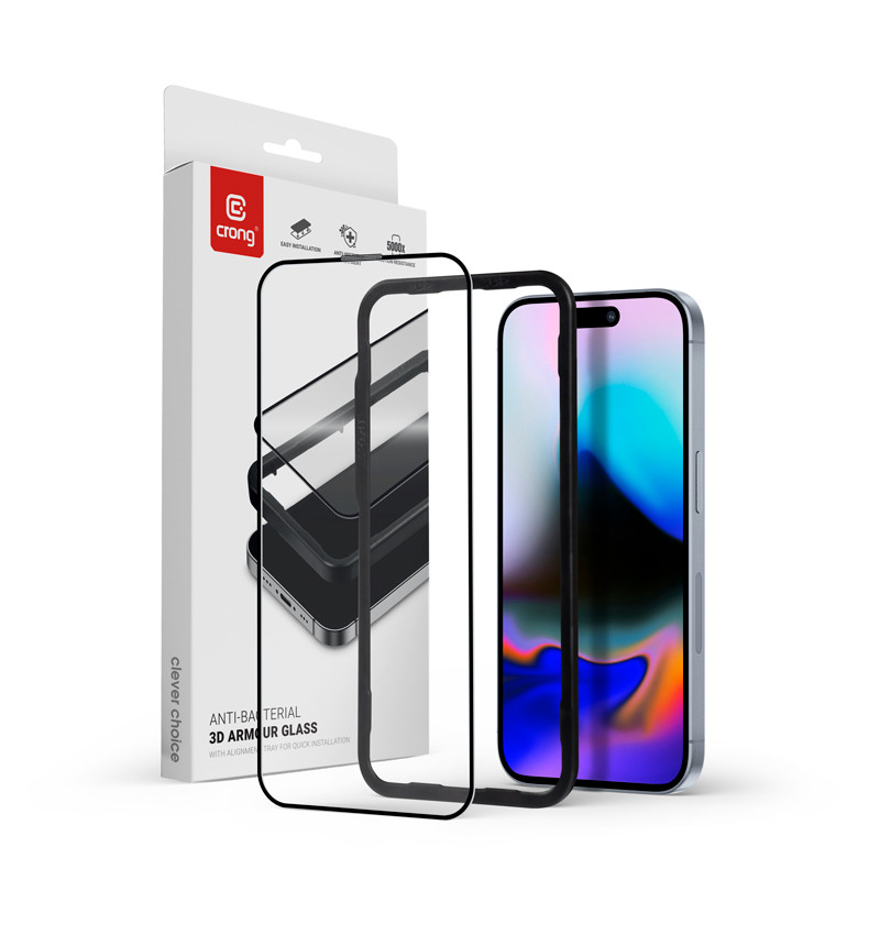 Crong Anti-Bacterial 3D Armour Glass - Szkło hartowane 9H Full Glue do iPhone 16 Pro + ramka instalacyjna  Crong Anti-Bacterial 3D Armour Glass - Szkło hartowane 9H Full Glue do iPhone 16 Pro + ramka instalacyjna