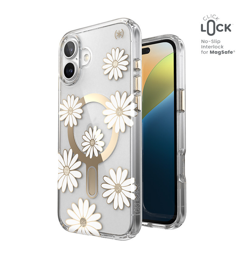 Speck Presidio Lux ClickLock MagSafe - Etui iPhone 16 Plus (Sunshine Daisies / Clear / Gold)  Speck Presidio Lux ClickLock MagSafe - Etui iPhone 16 Plus (Sunshine Daisies / Clear / Gold)