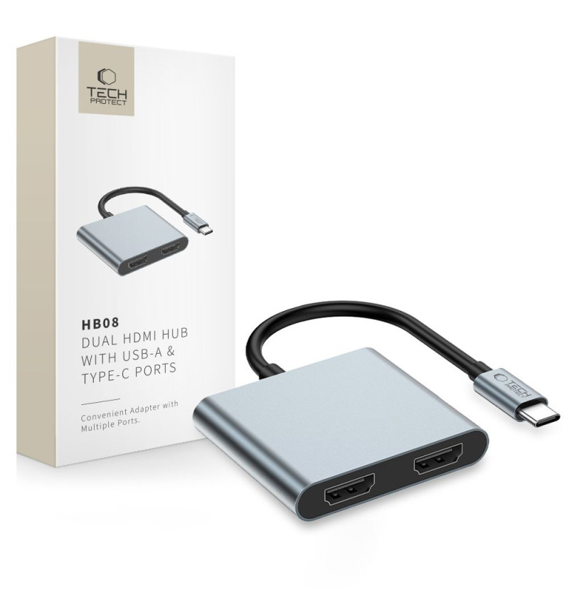 TECH-PROTECT HB08 HUB ADAPTER 4IN1 TYPE-C + USB2.0 + 2 x HDMI 4K 60HZ SPACE GREY  TECH-PROTECT HB08 HUB ADAPTER 4IN1 TYPE-C + USB2.0 + 2 x HDMI 4K 60HZ SPACE GREY