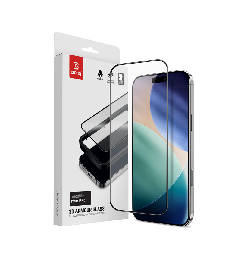 Crong 3D Armour Glass - Szkło hartowane iPhone 17 Pro + ramka instalacyjna  Crong 3D Armour Glass - Szkło hartowane iPhone 17 Pro + ramka instalacyjna