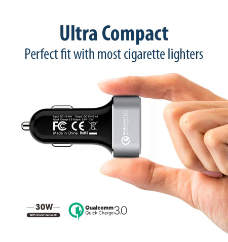 Crong Power Car Charger 30W - Ładowarka samochodowa USB QuickCharge 3.0 + USB 2.4A (aluminium) 