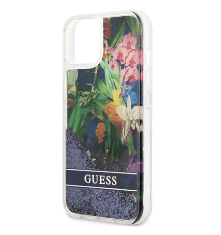 Guess Liquid Glitter Flower – Etui iPhone 13 mini (niebieski) 