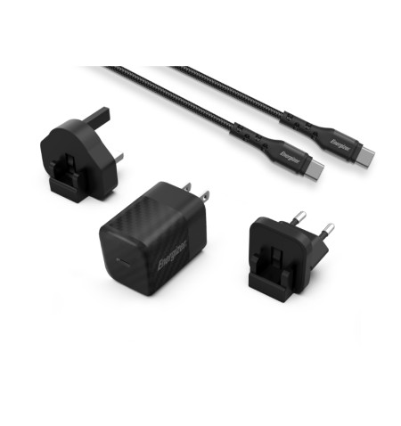 Energizer Ultimate - Ładowarka sieciowa podróżna Multiplug EU / UK / US GaN USB-C 20W PD + kabel USB-C (Czarny) 