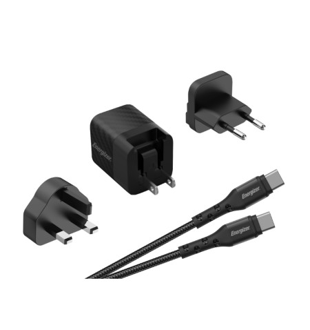 Energizer Ultimate - Ładowarka sieciowa podróżna Multiplug EU / UK / US GaN USB-C 20W PD + kabel USB-C (Czarny) 