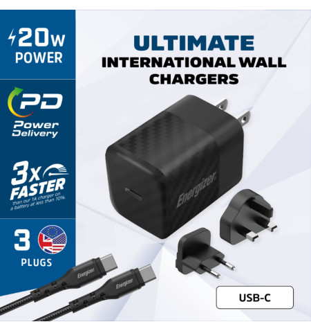 Energizer Ultimate - Ładowarka sieciowa podróżna Multiplug EU / UK / US GaN USB-C 20W PD + kabel USB-C (Czarny) 