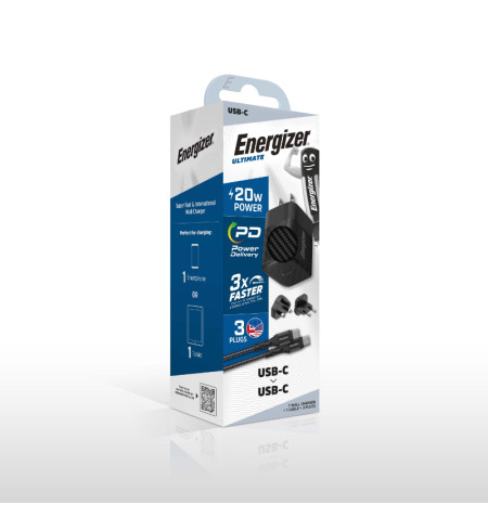 Energizer Ultimate - Ładowarka sieciowa podróżna Multiplug EU / UK / US GaN USB-C 20W PD + kabel USB-C (Czarny) 