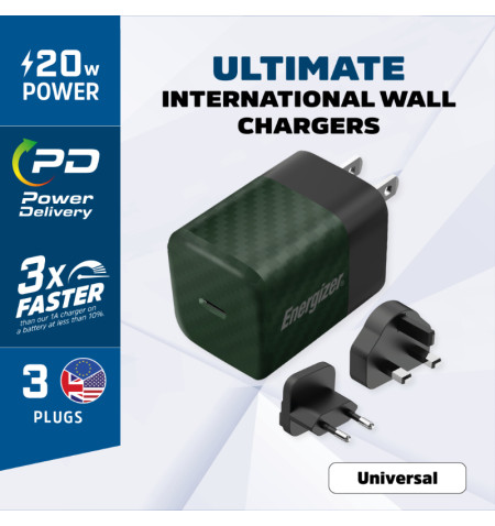 Energizer Ultimate - Ładowarka sieciowa podróżna Multiplug EU / UK / US GaN USB-C 20W PD (Zielony) 