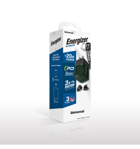 Energizer Ultimate - Ładowarka sieciowa podróżna Multiplug EU / UK / US GaN USB-C 20W PD (Zielony) 