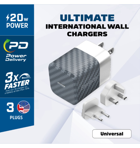 Energizer Ultimate - Ładowarka sieciowa podróżna Multiplug EU / UK / US GaN USB-C 20W PD (Srebrny) 