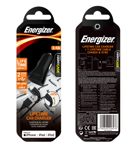 Energizer HardCase - Ładowarka samochodowa 2x USB-A 17W 3.4A + Kabel Lightning certyfikat MFi (Czarny) 