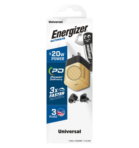 Energizer Ultimate - Ładowarka sieciowa podróżna Multiplug EU / UK / US GaN USB-C 20W PD (Złoty) 