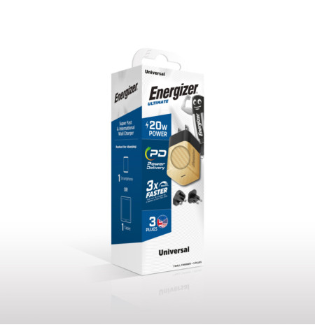 Energizer Ultimate - Ładowarka sieciowa podróżna Multiplug EU / UK / US GaN USB-C 20W PD (Złoty) 