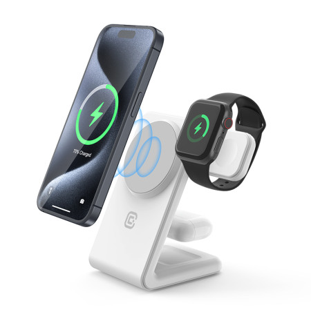 Crong MagSpot Pivot Stand - Ładowarka bezprzewodowa 3w1 z MagSafe do iPhone, Apple Watch i AirPods (biały) 