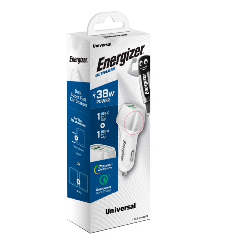 Energizer Ultimate - Ładowarka samochodowa USB-C USB-A 38W PD + QC3.0 (Biały / Srebrny) 