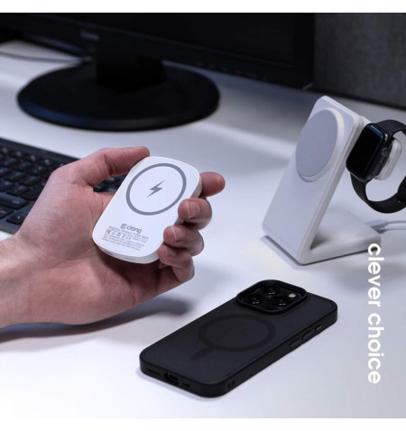 Crong MagSpot Power Bank - Bezprzewodowy power bank ultra slim z MagSafe 5000mAh, USB-C 20W PD (biały) 